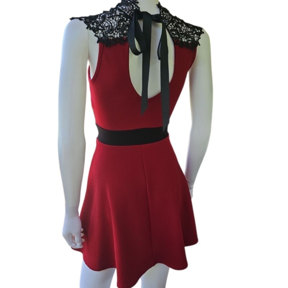 Windsor Red and Black Mock Neck Fit and Flare Mini Dress - Picture 4 of 7